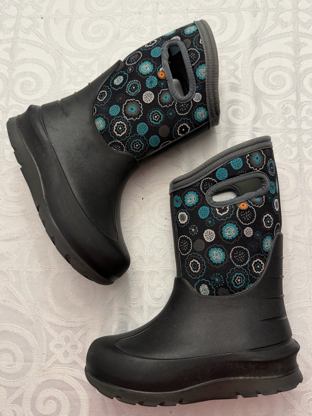 BOGS Black Waterproof Insulated Winter Rain Boots with Teal Floral Print Size 12